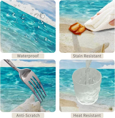 Vista 4 de Mantel oblongo, diseño de playa de 52 x 70 pulgadas, diseño de playa con estrellas de mar y olas de mar, con decoración impermeable y resistente a