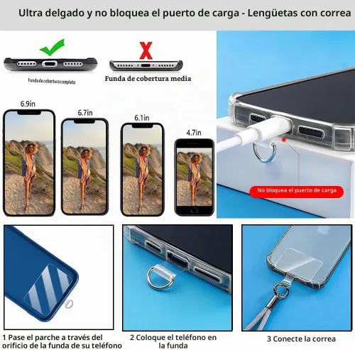 Vista 6 de Cadena cruzada para teléfono Cordón para teléfono celular, Correa universal de cuero + metal para el hombro con parches de sujeción para teléfono (A)