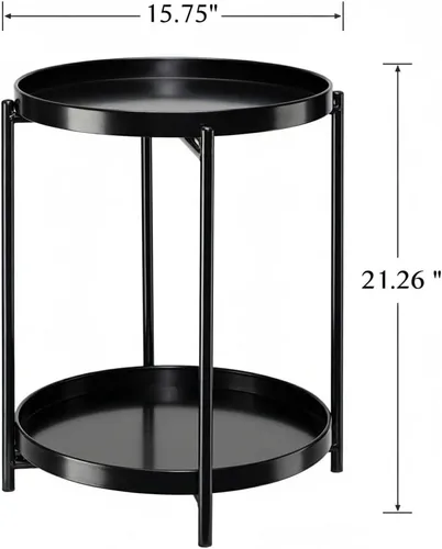 Vista 3 de danpinera Mesa auxiliar redonda de 2 niveles, mesa auxiliar de metal con bandeja extraíble, pequeña mesa decorativa para exteriores, mesita de noche