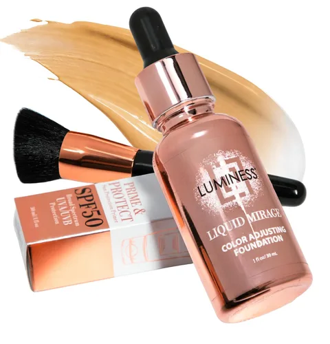 Vista 12 de LUMINESS Kit de 3 piezas Liquid Mirage - Base con cambio de color con SPF 50, pincel de maquillaje y primer hidratante y ligero para el rostro, base