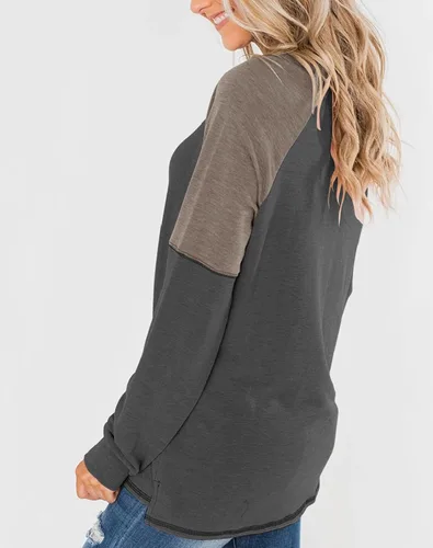 Vista 2 de Bingerlily - Blusas de manga larga para mujer, estilo informal, cuello redondo, camiseta con colores contrastantes