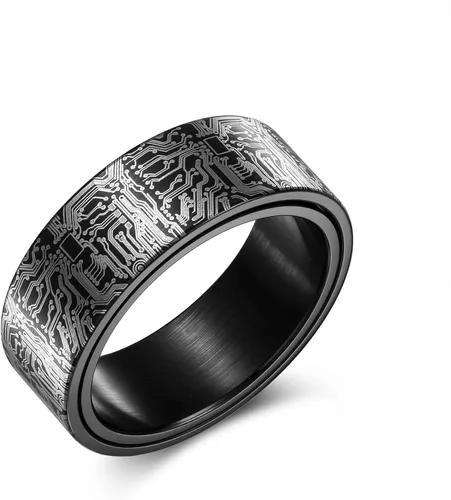Vista 10 de Anillo de patrón de placa de circuito de computadora de 0.315 in negro/plata/azul/oro - Spinner Fidget Alivio de la ansiedad Anillo de acero