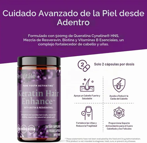 Vista 3 de ResVitale Queratina para mejorar el cabello, suplemento de queratina, 60