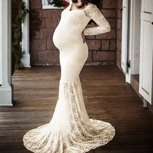 Vista 4 de Vestido de maternidad de encaje de manga larga con cuello en V y hombros descubiertos para mujer, vestido de fotografía para baby shower, sesión
