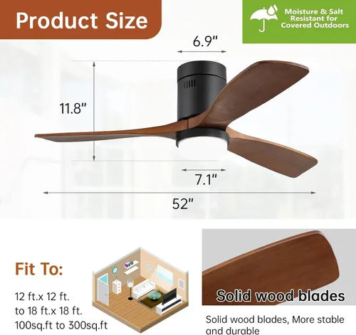 Vista 6 de Sofucor - Ventilador de techo empotrado y de varilla corta de 52 pulgadas con luz, ventilador de techo moderno de madera sólida con flujo de aire