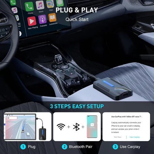 Vista 5 de Adaptador inalámbrico CarPlay y Android Auto, 4 en 1 AI Box Lite para CarPlay con cable de fábrica o coches Android Auto, conexión de 2 canales