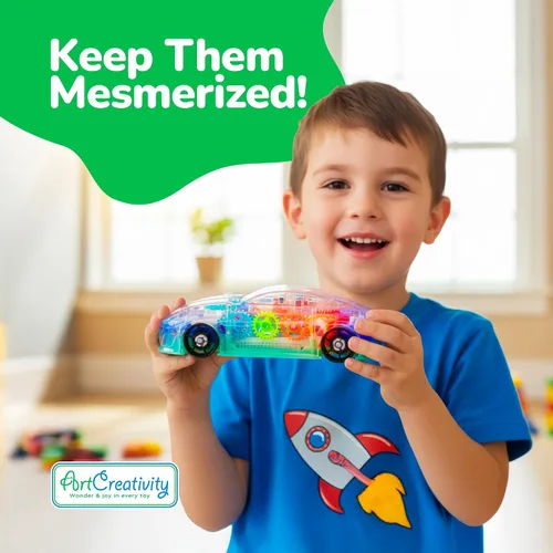 Vista 7 de ArtCreativity Juguete sensorial transparente con luz para niños, 1 unidad, auto de juguete con engranajes móviles coloridos, música y efectos LED