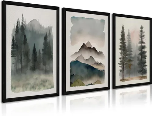Vista 17 de Arte de pared de bosque brumoso, arte de pared de abeto, paisaje natural, lienzo, impresiones abstractas de bosques, pintura de granja, póster