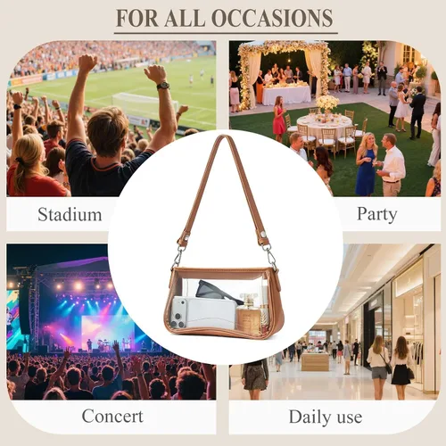 Vista 8 de Bolsa transparente para eventos de estadio, bolsa de hombro, pequeña bolsa transparente con correa ajustable para mujer para conciertos de estadio