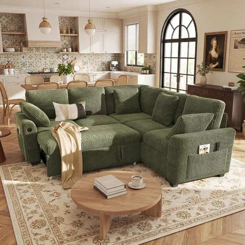 Vista 18 de Hanherry - Sofá seccional con sofá cama extraíble, sofá cama de chenilla con 2 asientos de almacenamiento y carga USB, cómodos sofás modulares