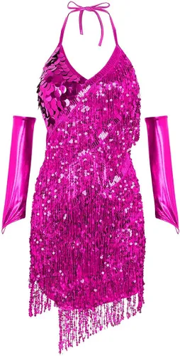Vista 5 de YiZYiF Vestido de baile con cuello halter latino, salsa de tango, bailes y lentejuelas