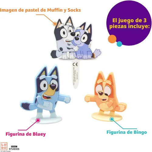Vista 5 de DecoSet® Bluey Dance Mode - Adornos para tartas, decoración para tartas de 3 piezas con figuras de Bluey y Bingo y Muffin & Socks Poly Pic