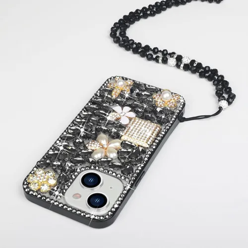 Vista 3 de Losin Funda compatible con iPhone 15 con correa de cordón, diamantes de imitación de cristal 3D de lujo para mujeres y niñas, funda brillante
