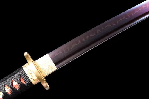 Vista 5 de Katana de arcilla templada de 41 pulgadas, hoja morada, acero al carbono 1095, espada samurái japonesa afilada, espada completa, hecha a mano
