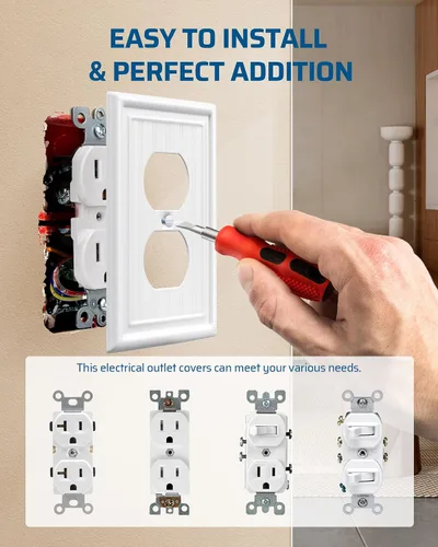 Vista 5 de DEWENWILS Paquete de 4 tapas blancas para enchufes y placas de interruptores, placas decorativas de pared de metal para interruptores de luz y tomas
