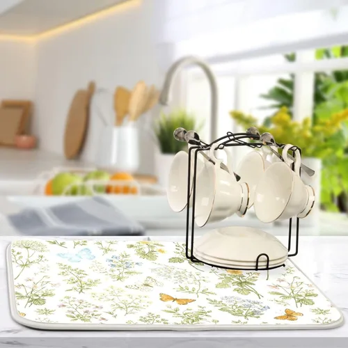 Vista 5 de Tapete de secado de platos con flores botánicas y mariposas para encimera de cocina, absorbente, almohadilla de secado de microfibra, grande 18x24