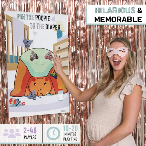Vista 3 de Pin the Poopie on the Diaper Boy Baby Shower Game - Divertido juego de baby shower con divertidas calcomanías vibrantes de Poopie - Para revelación