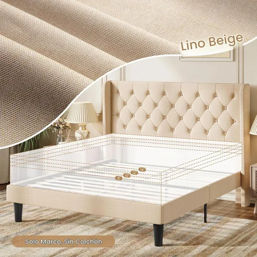 Vista 7 de SHA CERLIN Marco de cama tapizado completo, diseño capitoné con botones, color beige