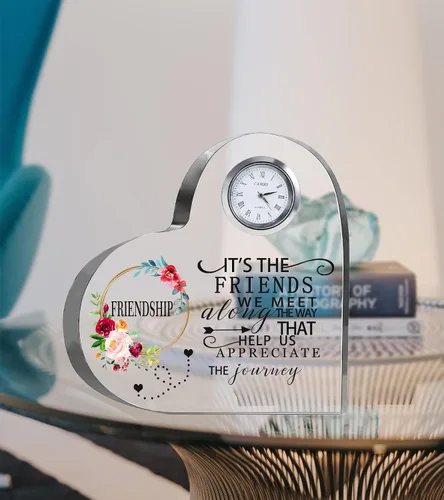 Vista 3 de Movdyka - Reloj de corazón de cristal con placa de regalo de amistad para mujeres y amigas Regalos únicos grabados grandes de 5.9 pulgadas