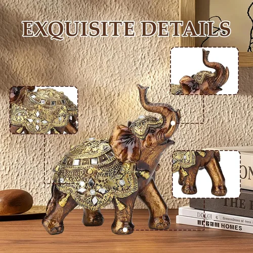 Vista 4 de Buachois Estatua de elefante de la suerte, símbolo de suerte y prosperidad, acento dorado antiguo de resina, figura de elefantes Feng Shui, adornos