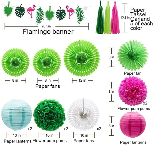 Vista 2 de Juego de 29 piezas de decoración de fiesta de hojas de palmera de flamenco tropical, abanicos de papel, pompones y linternas para Luau hawaiano