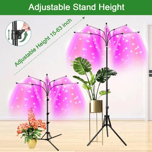 Vista 5 de Garpsen Luz de crecimiento con soporte, luces de cultivo de 5 cabezas para plantas de interior, luz de planta LED de 100 diodos de espectro completo