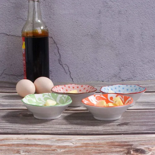 Vista 5 de Juego de 4 cuencos de cerámica para salsas, 4.1 in, cuencos de preparación con patrones de estilo nórdico para condimentos, salsa de soja