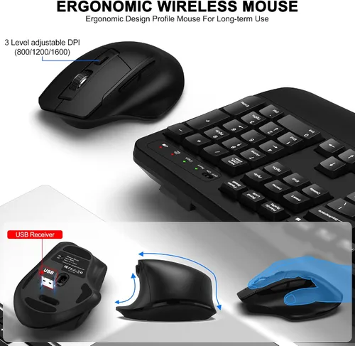 Vista 4 de Combo de teclado y mouse inalámbricos, teclas onduladas de tamaño completo 2.4G, teclado ergonómico con reposamuñecas, soporte para teléfono, mouse