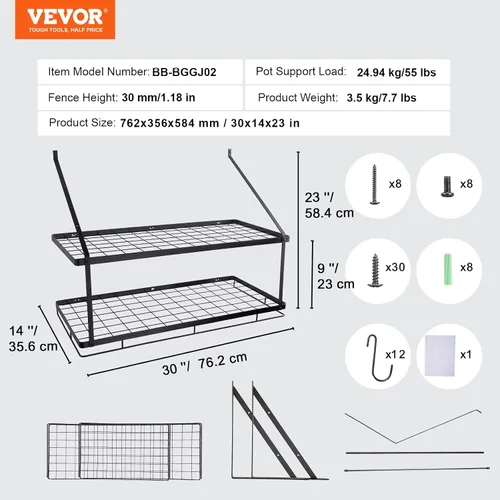 Vista 7 de VEVOR Estante para ollas montado en la pared, estante para colgar ollas y sartenes de 30 pulgadas, colgador de ollas y sartenes con 12 ganchos en S