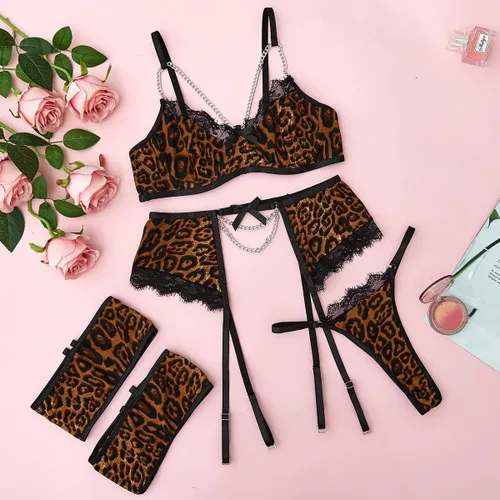 Vista 7 de Conjunto de lencería de red de 3 piezas para mujer conjunto de brasier y bragas con cordón de liga