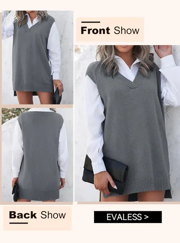 Vista 3 de EVLAESS - Chaleco de gran tamaño para mujer, cuello en V, sin mangas, color sólido, suéter suelto