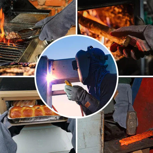 Vista 5 de WZQH Guantes de soldadura de cuero de 14 pulgadas, 932 ℉, pequeños, resistentes al calor/fuego, guantes pequeños para barbacoa, horno, parrilla