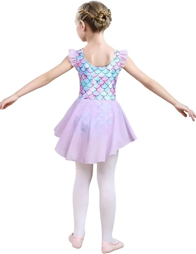Vista 6 de iLover Vestido de leotardo clásico con mangas con volantes para niñas, para danza, gimnasia y ballet