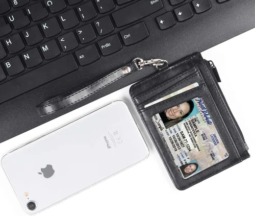 Vista 8 de Teskyer - Cartera minimalista delgada, soporte para tarjetas de crédito con bloqueo RFID, compartimento frontal de piel para documentos