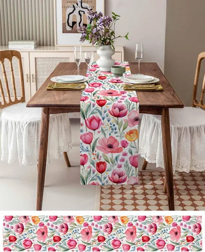 Vista 6 de Camino de mesa de primavera, decoración de mesa de tulipán de acuarela, decoración de mesa de temporada, hojas botánicas florales, bufandas