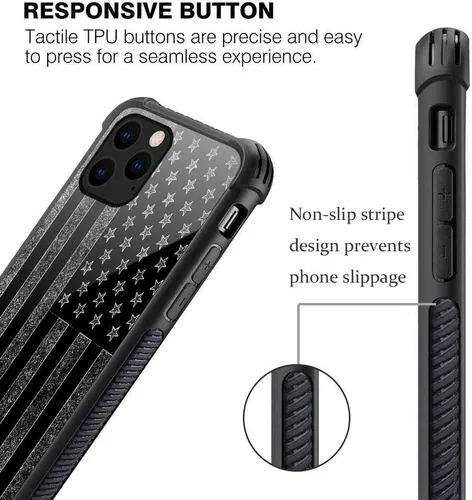 Vista 5 de ZHEGAILIAN Funda compatible con iPhone 12/12 Pro, bandera estadounidense en blanco y negro, parte trasera de vidrio templado + funda híbrida de TPU