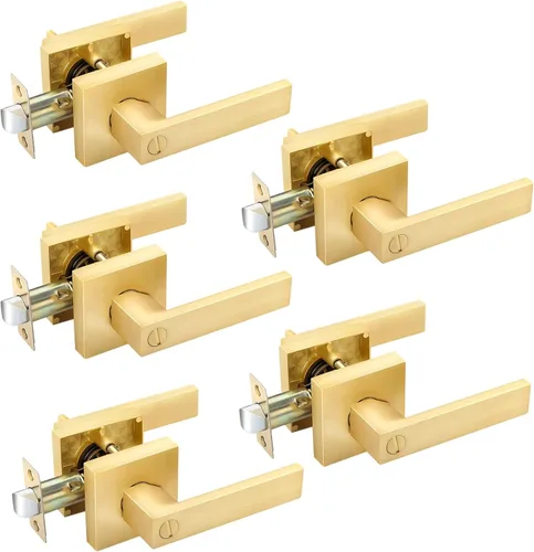 Vista 22 de EHOMEWARE - Juego de manijas de puerta delantera doble de latón, manija de puerta de latón cuadrado resistente en oro y cerradura de un solo
