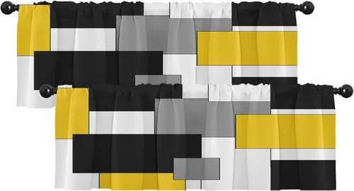 Vista 8 de Emvency Paquete de 2 cenefas para ventana, diseño geométrico gris y negro, cortinas de arte moderno abstracto, cortinas ajustables para ventanas