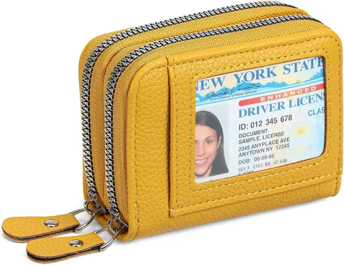 Vista 8 de RNIEGA Cartera pequeña de piel con bloqueo RFID para tarjetas de crédito, cartera pequeña para mujer, doble cremallera con ventana de identificación