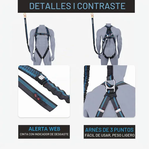 Vista 5 de Kit de protección contra caídas de arnés de seguridad, arnés de seguridad de cuerpo completo de 3 puntos con cordón interno de absorción de impactos