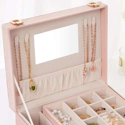 Vista 4 de Joyero portátil para mujeres y niñas con piel sintética, caja organizadora de aretes con espejo de maquillaje para regalos de Navidad y Año Nuevo