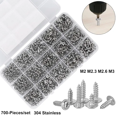 Vista 2 de 700Pcs Tornillos autorroscantes Phillips de cabeza plana con arandela, acero inoxidable 304, tornillos de madera pequeños/mini M2 M2.3 M2.6 M3, kit