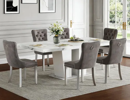 Vista 66 de Henf Juego de mesa de comedor extensible de 5 piezas para 4, mesa de cocina de imitación de mármol de 63"-79" con 4 sillas negras, juego de mesa