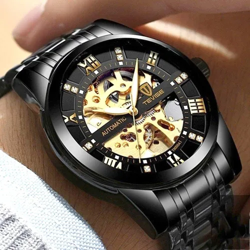 Vista 4 de Dentily Reloj mecánico de acero inoxidable para hombre, esqueleto automático, impermeable, relojes de negocios para hombres
