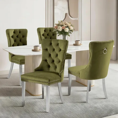Vista 134 de Juego de 2 sillas de comedor de terciopelo con patas de madera, color beige Mid Century Modern Dining Chairs,Upholstered Chairs with Nailhead