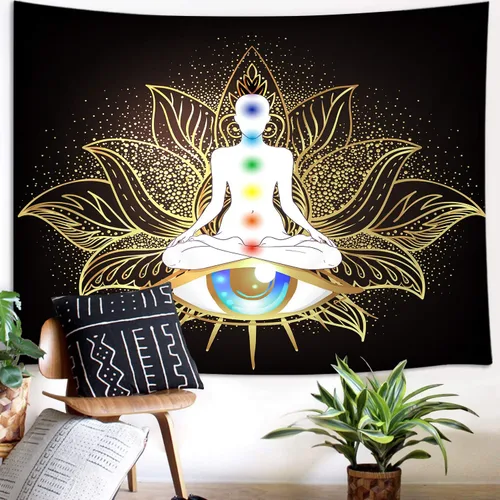Vista 2 de JAWO Tapiz de meditación, decoración de yoga, pequeño tapiz para colgar en la pared para dormitorio, tapiz de loto negro dorado, póster de manta