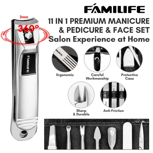 Vista 3 de FAMILIFE - Kit de manicura profesional para uñas, 11 en 1, de acero inoxidable, con estuche de viaje portátil de cuero negro, regalos de lujo para él