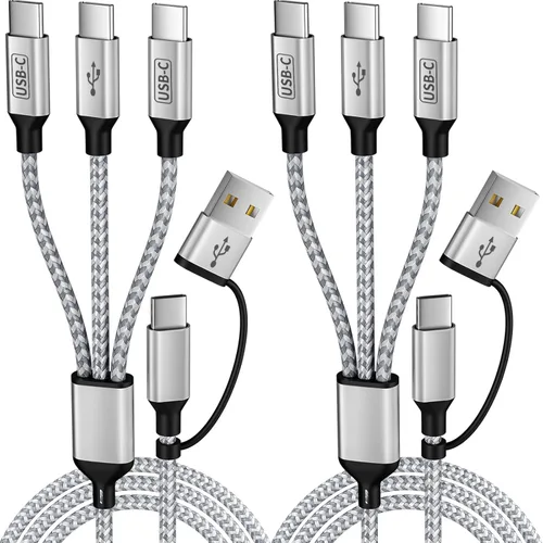 Vista 17 de Cable de carga múltiple, (paquete de 2 cables de 4 pies), cable de carga 3 en 1 para múltiples dispositivos, cable de carga universal de nailon Rosa