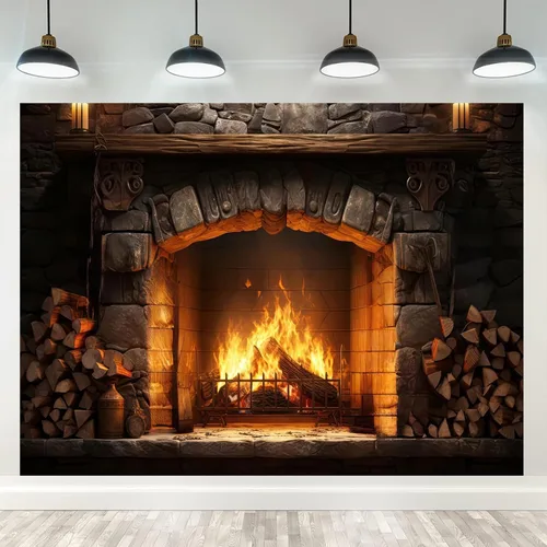 Vista 2 de Telón de fondo de chimenea de Navidad de 5 x 3 pies, pared de piedra vintage con llamas brillantes, fondo de fotografía para fotos familiares