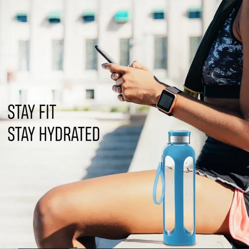 Vista 7 de Botella de agua Swig Savvy, resistente a la rotura, de vidrio de borosilicato, con funda protectora de silicón Sin BPA, duradera y elegante.